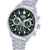 Armbanduhr für Herren: silbernes Edelstahlband, schwarzes Zifferblatt mit Tachymeter-Ring
