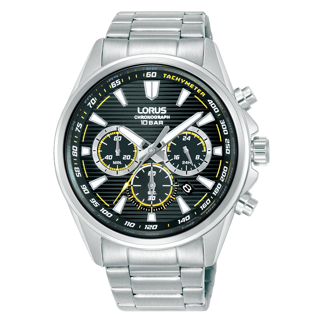 Armbanduhr für Herren: silbernes Edelstahlband, schwarzes Chronograph-Zifferblatt mit 3 Subdials