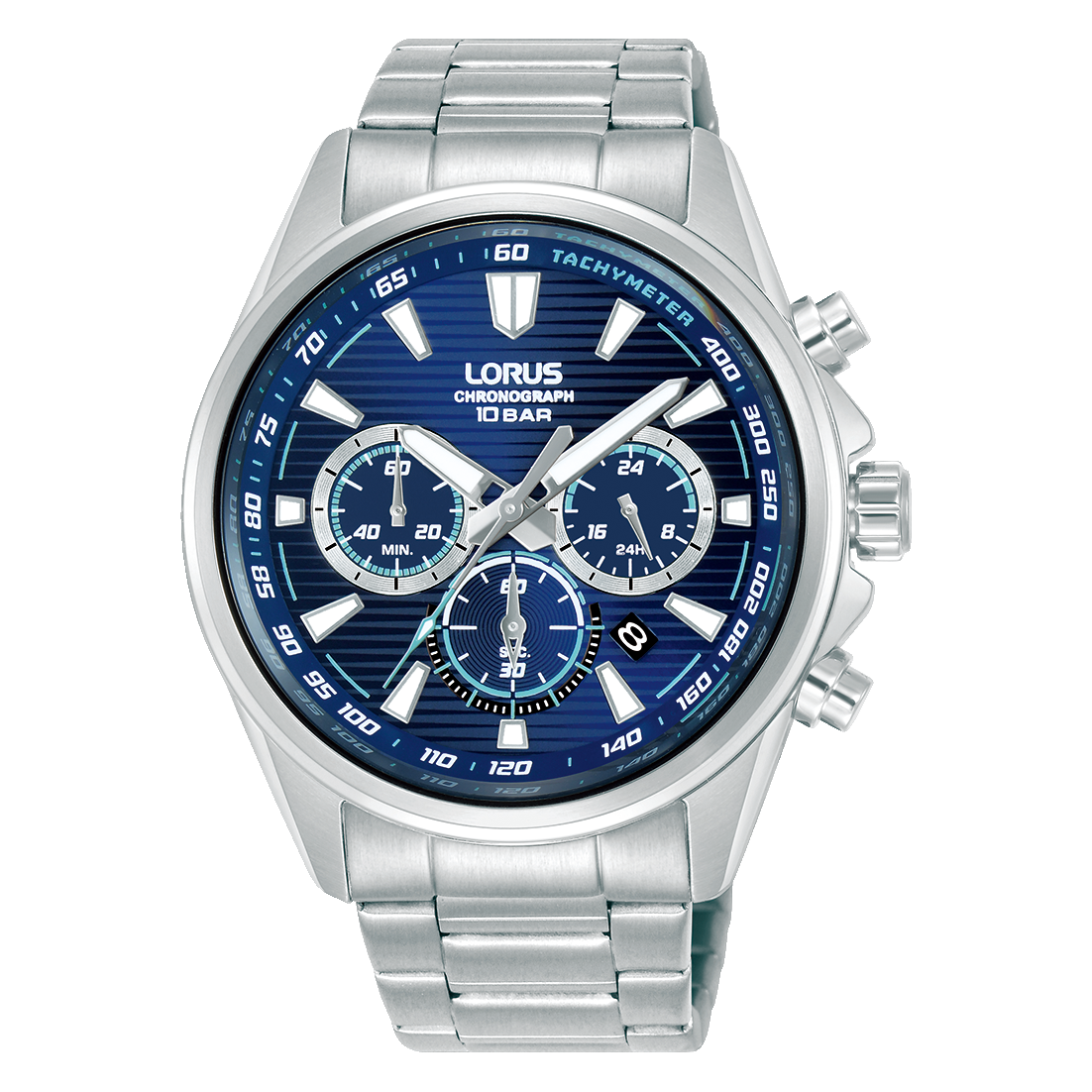 Herren-Armbanduhr Lorus Sport: blaues Chronograph-Zifferblatt, Edelstahlarmband