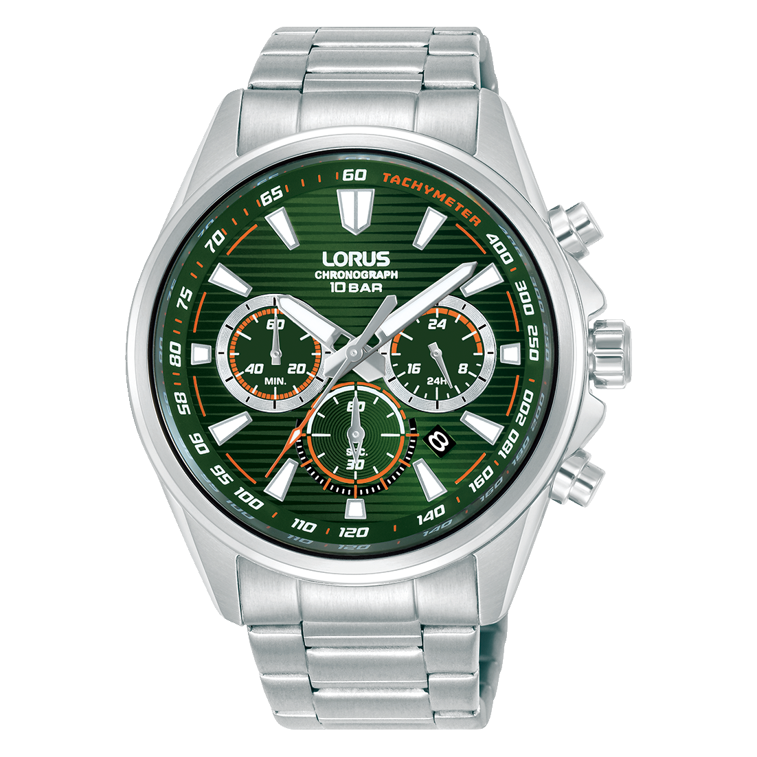 Lorus Sport Chronographenarmbanduhr: dunkles grünes Zifferblatt, Edelstahlband