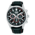 Herren-Chronograph von Lorus mit schwarzem Lederband, silbernem Gehäuse und roten Akzenten