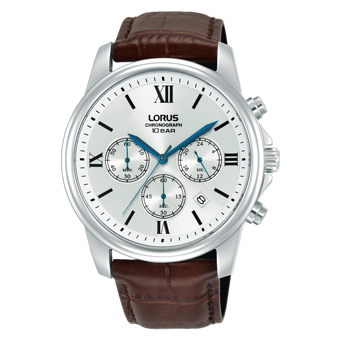 Lorus Herren-Armbanduhr: braunes Lederband, silbernes Gehäuse, Chronographen-Zifferblatt