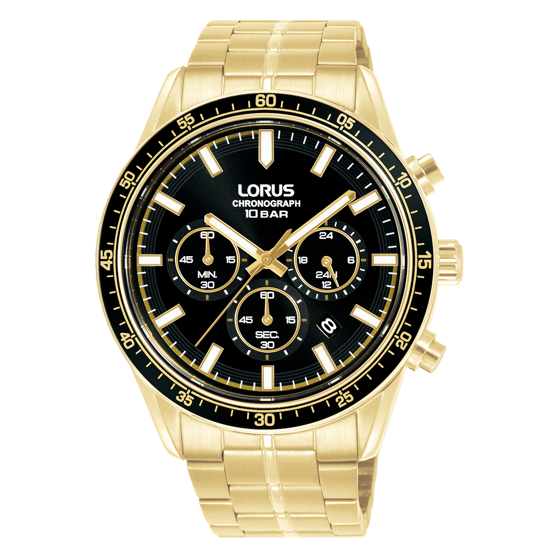 Herren-Armbanduhr: goldfarbenes Metallarmband, schwarzes Chronograph-Zifferblatt