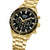 Herren-Armbanduhr mit goldfarbenem Metallband, schwarzem Zifferblatt und Chronograph