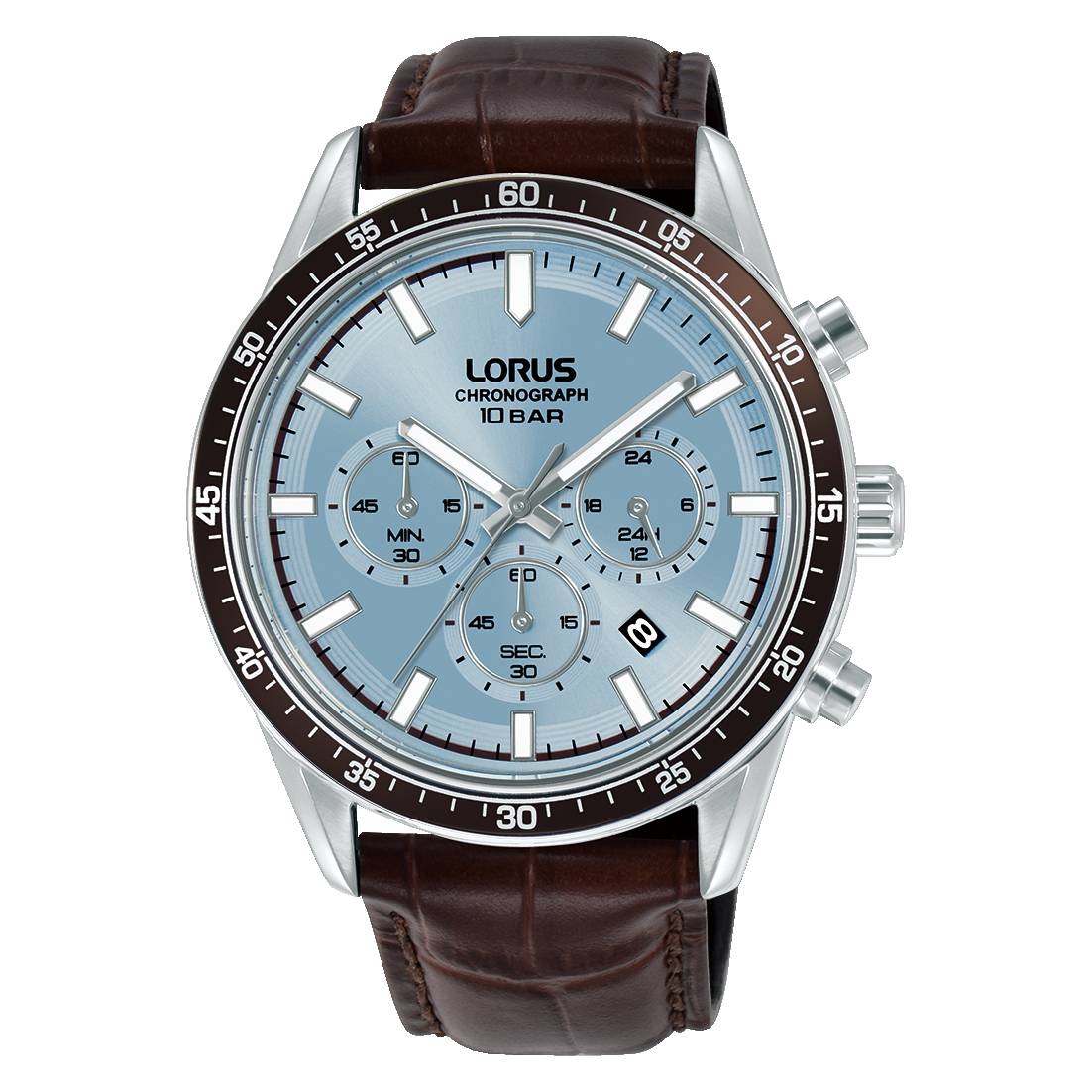 Lorus Sport Herrenarmbanduhr Chronograph mit hellblauem Zifferblatt und braunem Lederband