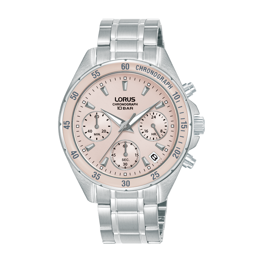 Damen-Armbanduhr mit Edelstahlband, Chronograph und beigem Zifferblatt, Mineralglas