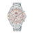 Damen-Armbanduhr mit Edelstahlband, Chronograph und beigem Zifferblatt, Mineralglas