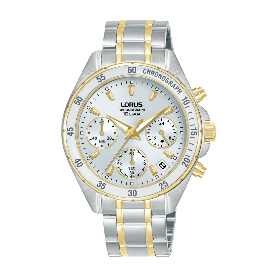 Lorus Damen-Armbanduhr Chronograph mit weißem Zifferblatt, Edelstahl mit Golddetails