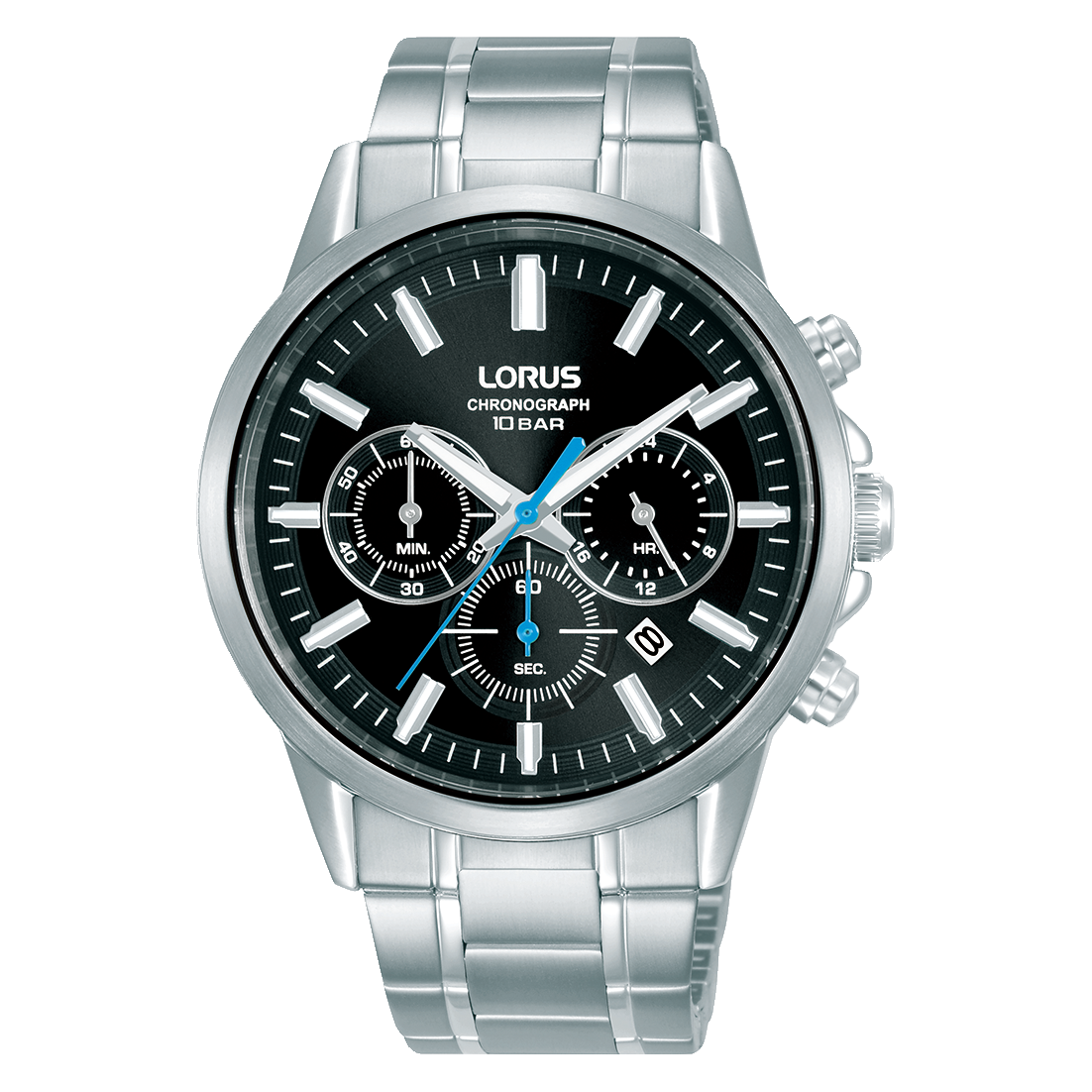Lorus Herren-Chronograph mit Edelstahlband, schwarzem Zifferblatt