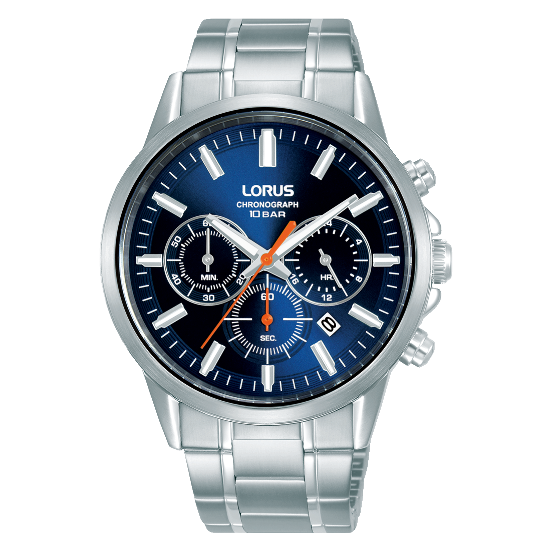Lorus Herrenuhr mit dunkelblauem Chronograph-Zifferblatt, Edelstahlband und Mineralglas