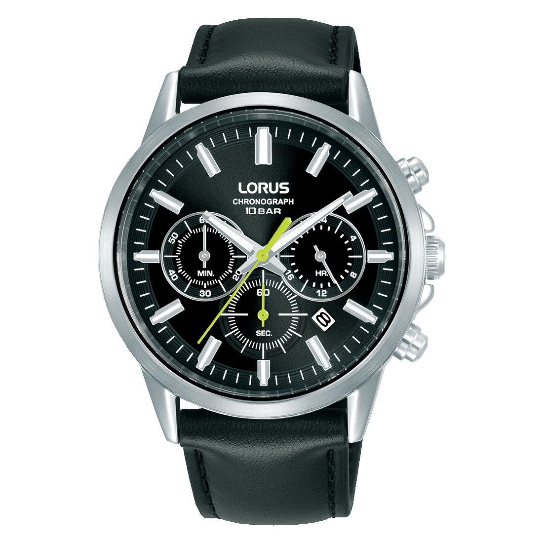 Lorus Herren-Chronograph: schwarzes Zifferblatt, Edelstahlgehäuse, schwarzes Lederarmband