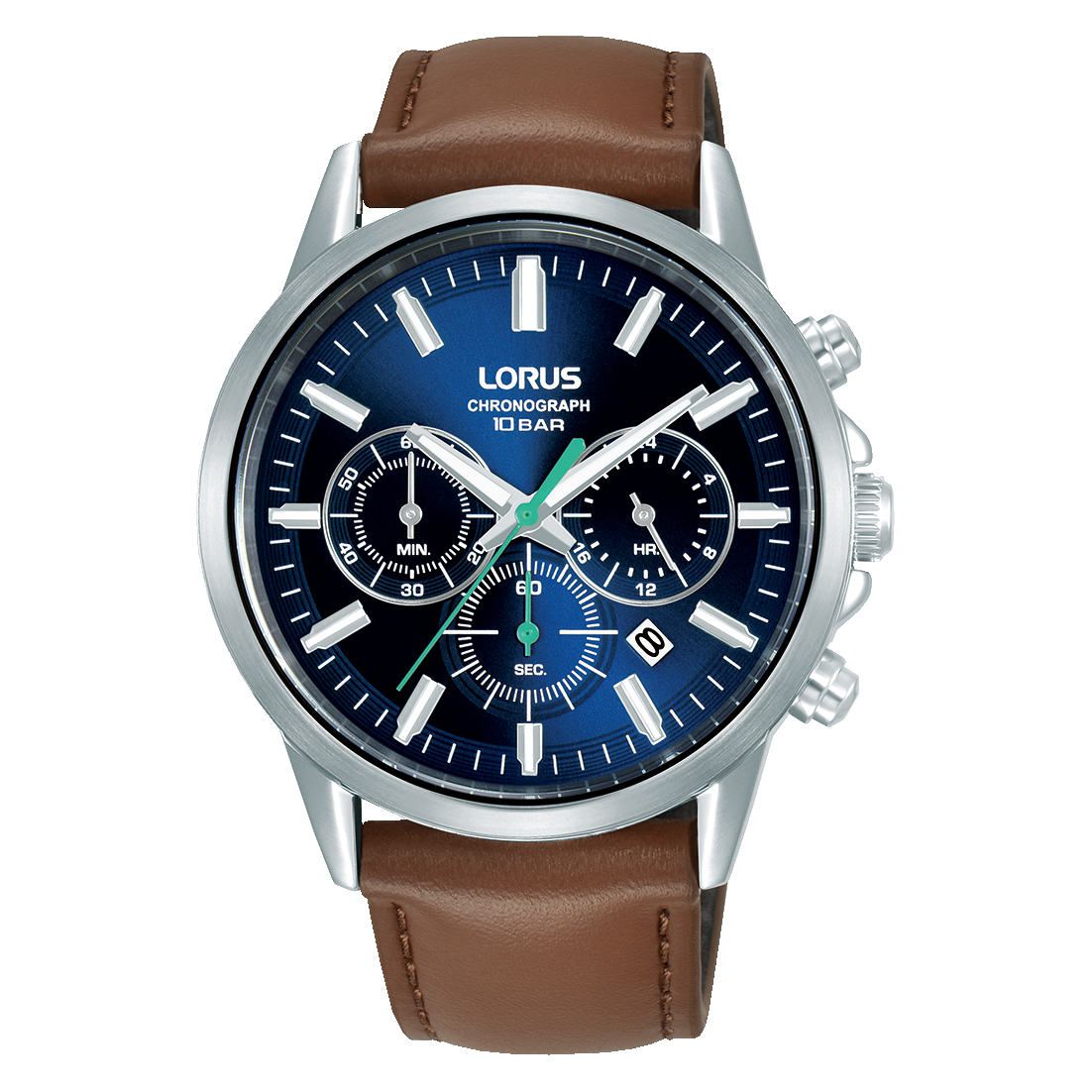 Lorus Herrenuhr mit Chronograph: blaues Zifferblatt, braunes Lederarmband, Edelstahlgehäuse