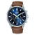 Lorus Herrenuhr mit Chronograph: blaues Zifferblatt, braunes Lederarmband, Edelstahlgehäuse
