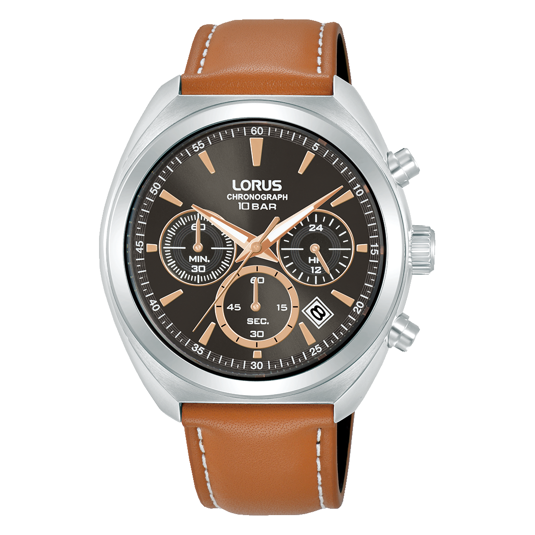 Lorus-Sportchronograph Herrenuhr mit braunem Lederband, dunklem Zifferblatt
