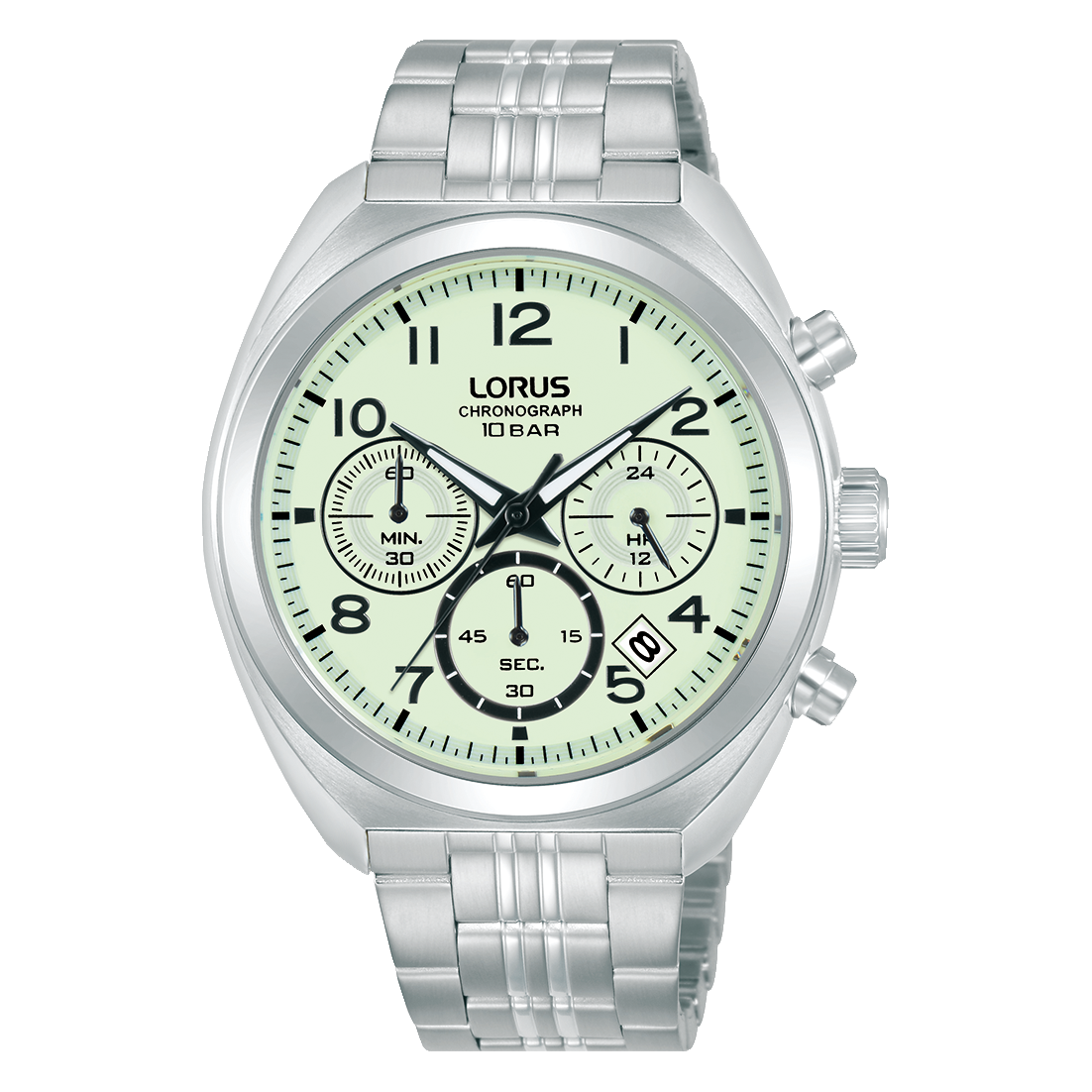 Silberne Herrenarmbanduhr mit Chronograph und gelblich-grünem Zifferblatt, Mineralglas