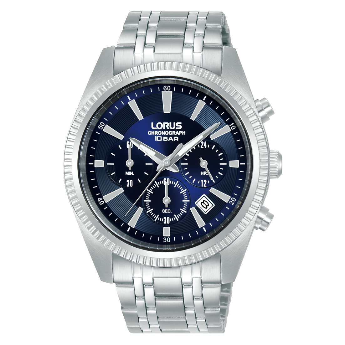 Herrenchronograph mit blauem Zifferblatt, Edelstahlarmband und Chrono-Subdials