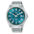 Herrenarmbanduhr mit Edelstahlband, türkisfarbenem Zifferblatt und Datumsfenster bei 8 Uhr