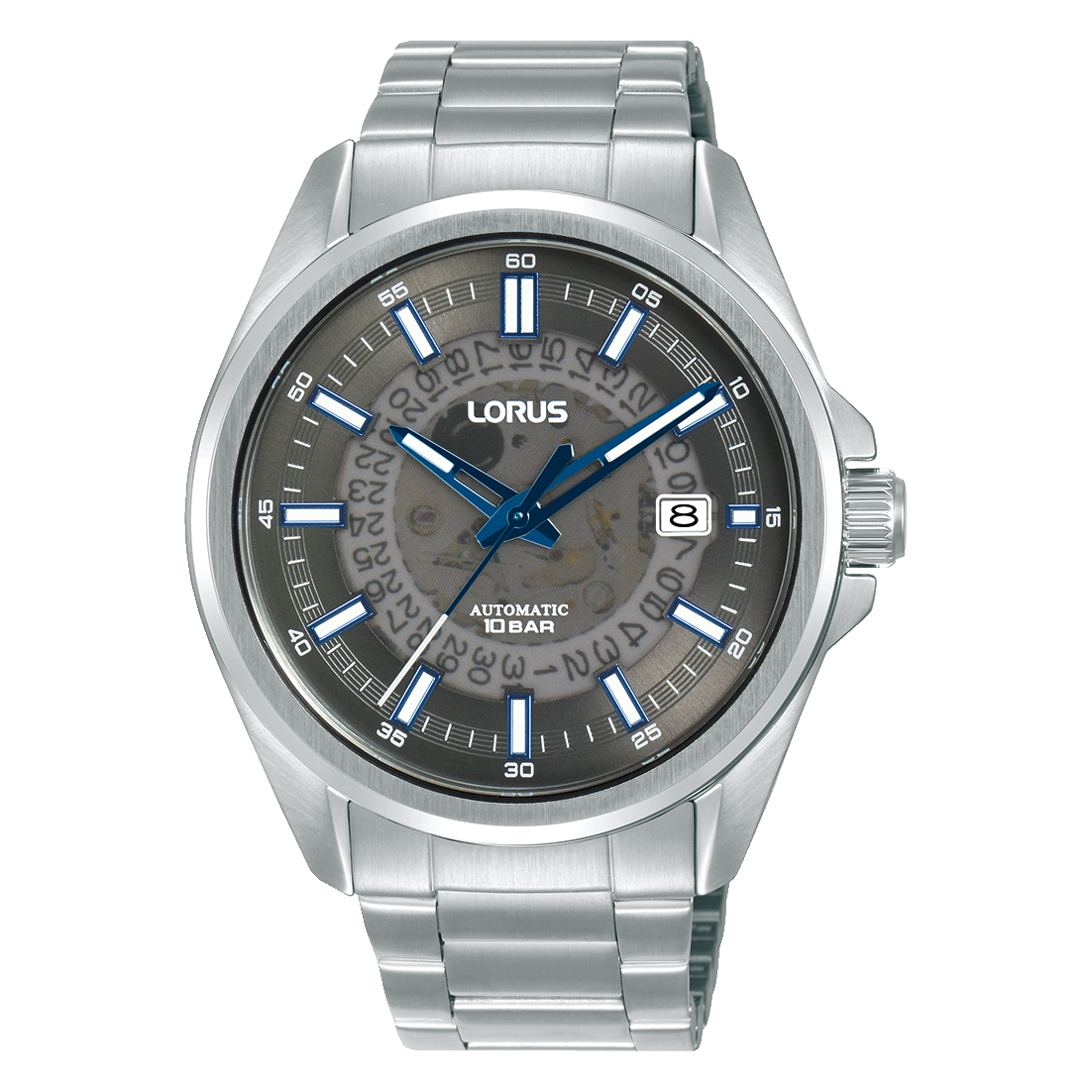Herren-Armbanduhr mit Edelstahlband, dunklem Zifferblatt und blauen Akzenten, Automatik