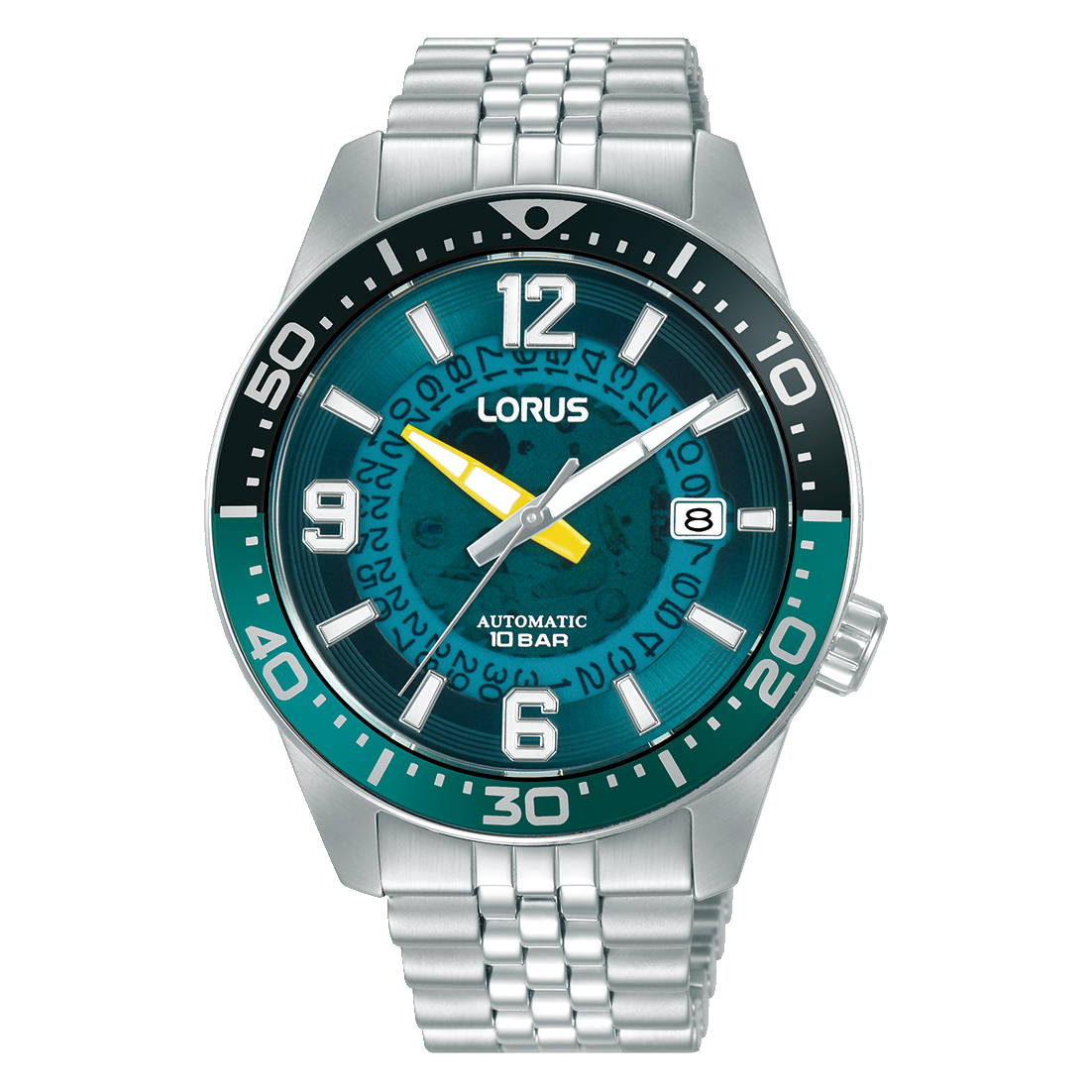 Herrenuhr Lorus Automatik mit türkisgrünem Zifferblatt und Stahlarmband, Leuchtmarkierungen