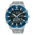 Herren-Armbanduhr mit blauem Zifferblatt, digitaler Anzeige und Chronograph, silbernes Stahlband.