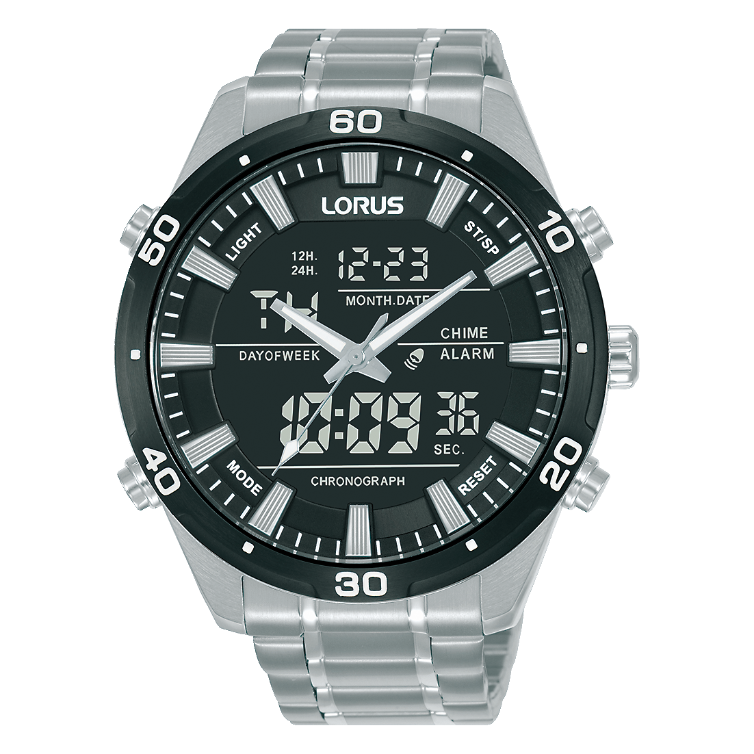 Herren-Armbanduhr: Metallarmband, schwarzes Zifferblatt, digitales Chronograph-Display
