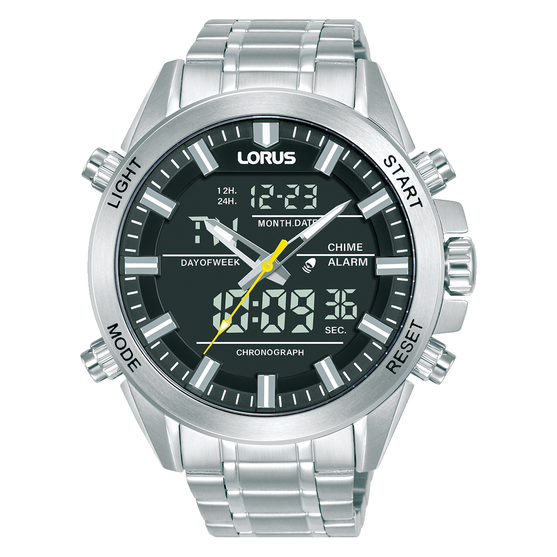 Lorus Herrenuhr: silbernes Metallarmband, schwarzes Zifferblatt, Analog-Digital Chronograph