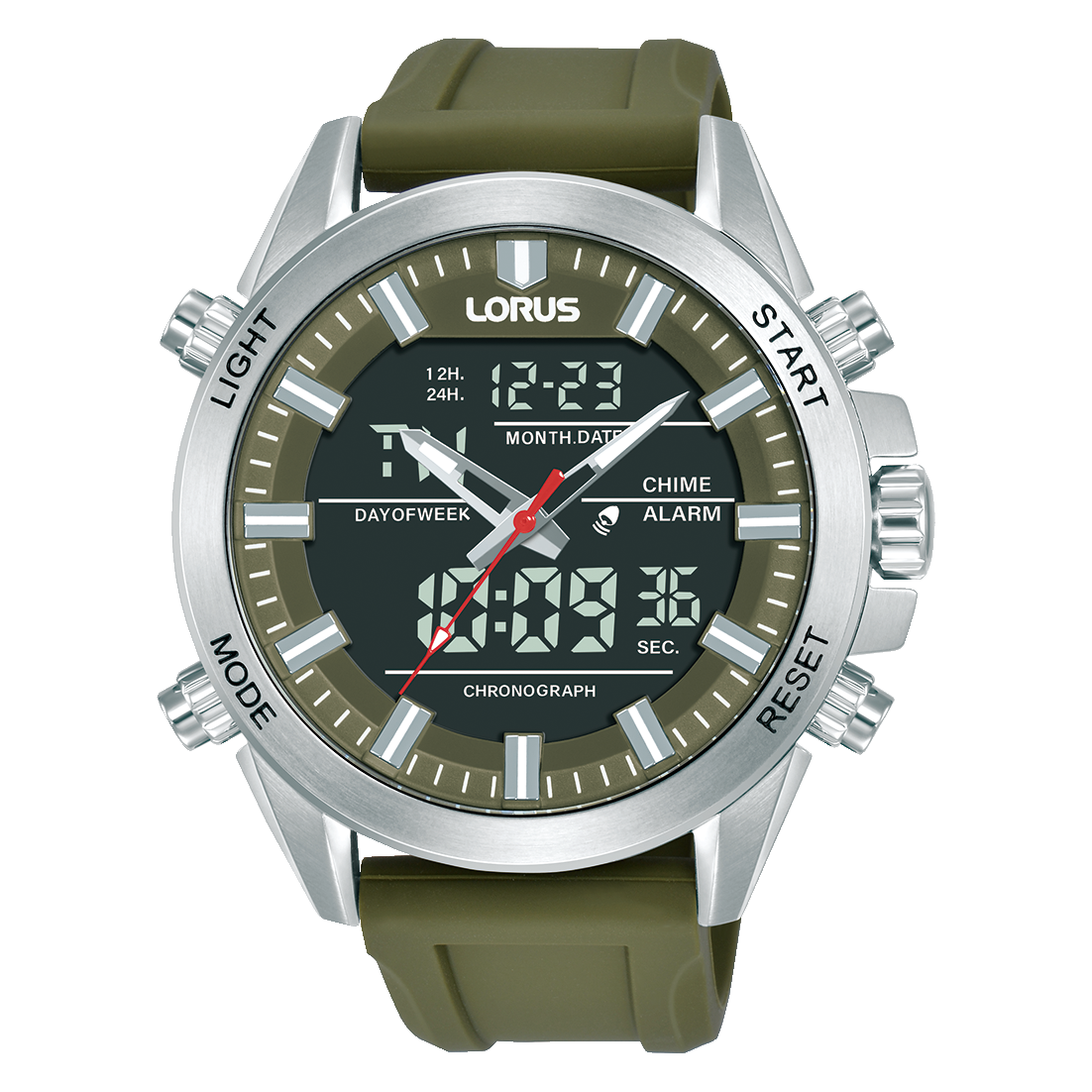 Lorus Herrenuhr mit khakifarbenem Silikonband, Edelstahlgehäuse, Chronograph