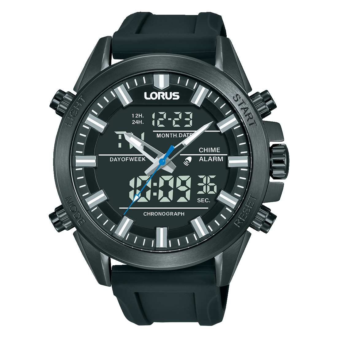 Herrenarmbanduhr LORUS mit analogem Zifferblatt und Chronograph, dunkler Anzeige, Kautschukband