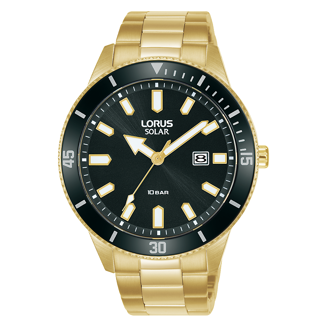 Sportive Herren-Solaruhr Lorus mit goldfarbenem Edelstahlarmband, dunklem Zifferblatt, Mineralglas