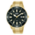 Sportive Herren-Solaruhr Lorus mit goldfarbenem Edelstahlarmband, dunklem Zifferblatt, Mineralglas
