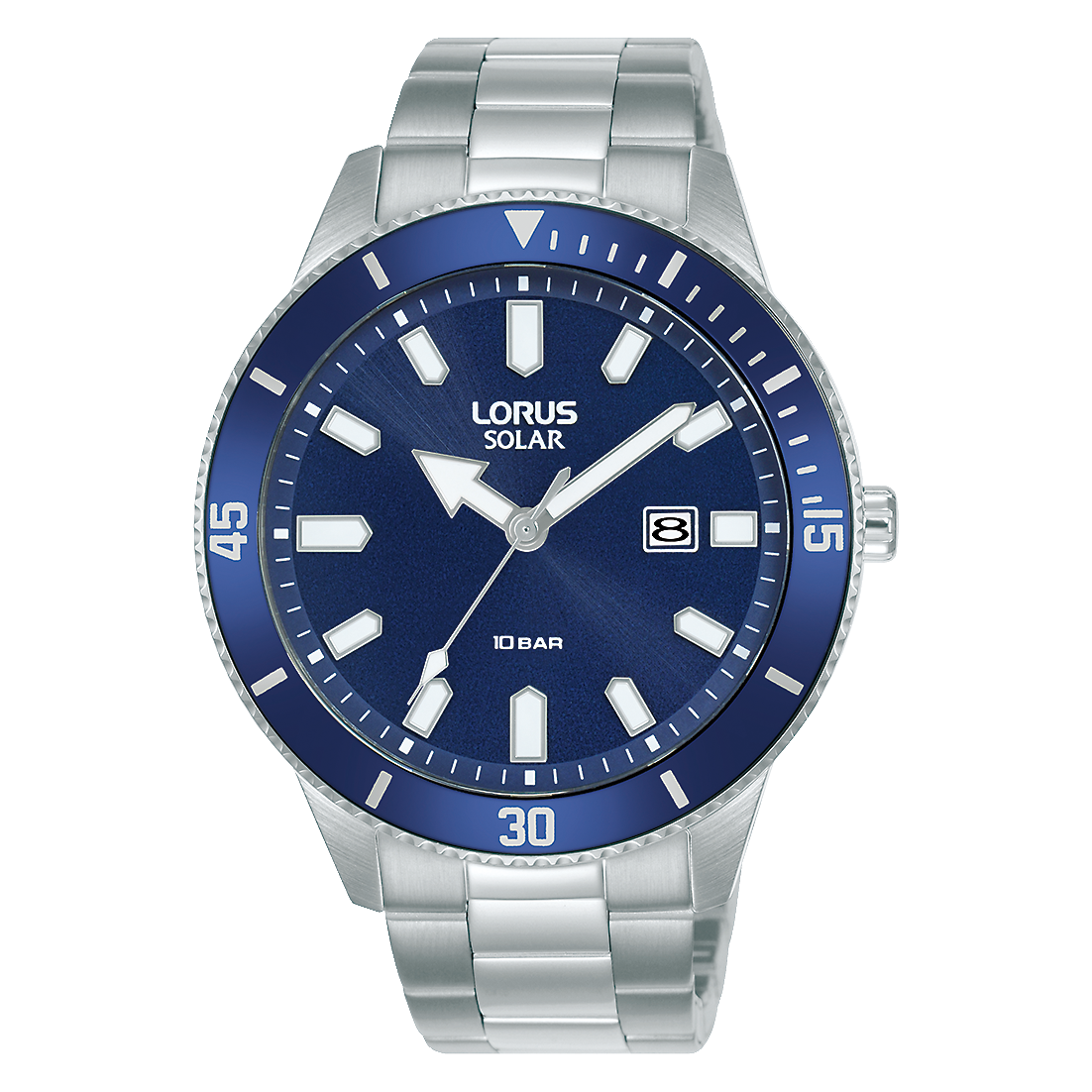 Lorus Solar Herrenuhr mit blauem Zifferblatt und Edelstahlarmband, Mineralglas