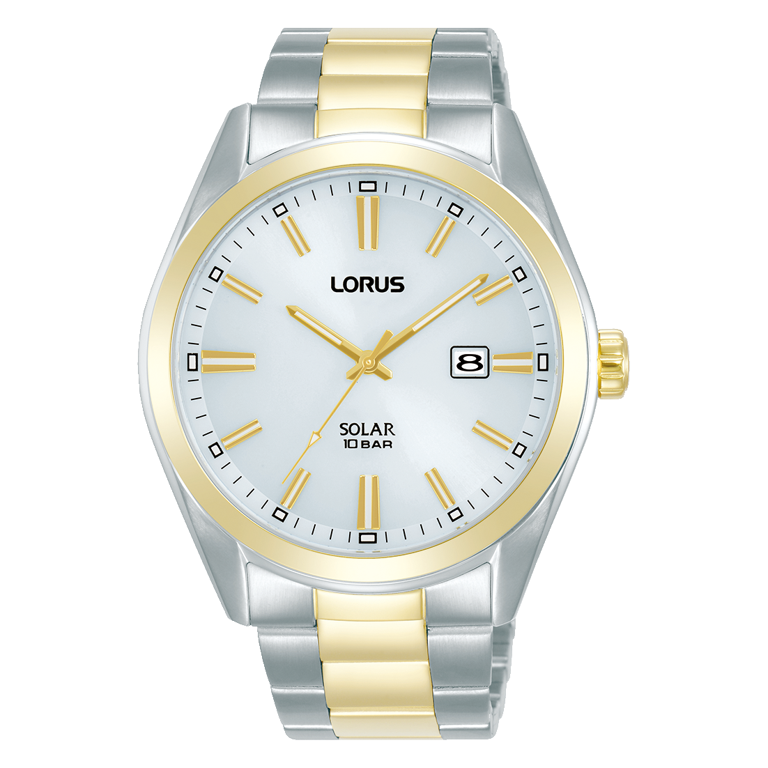 Lorus Herrenuhr mit Solarwerk, silber-goldenes Armband, weißes Zifferblatt, Mineralglas