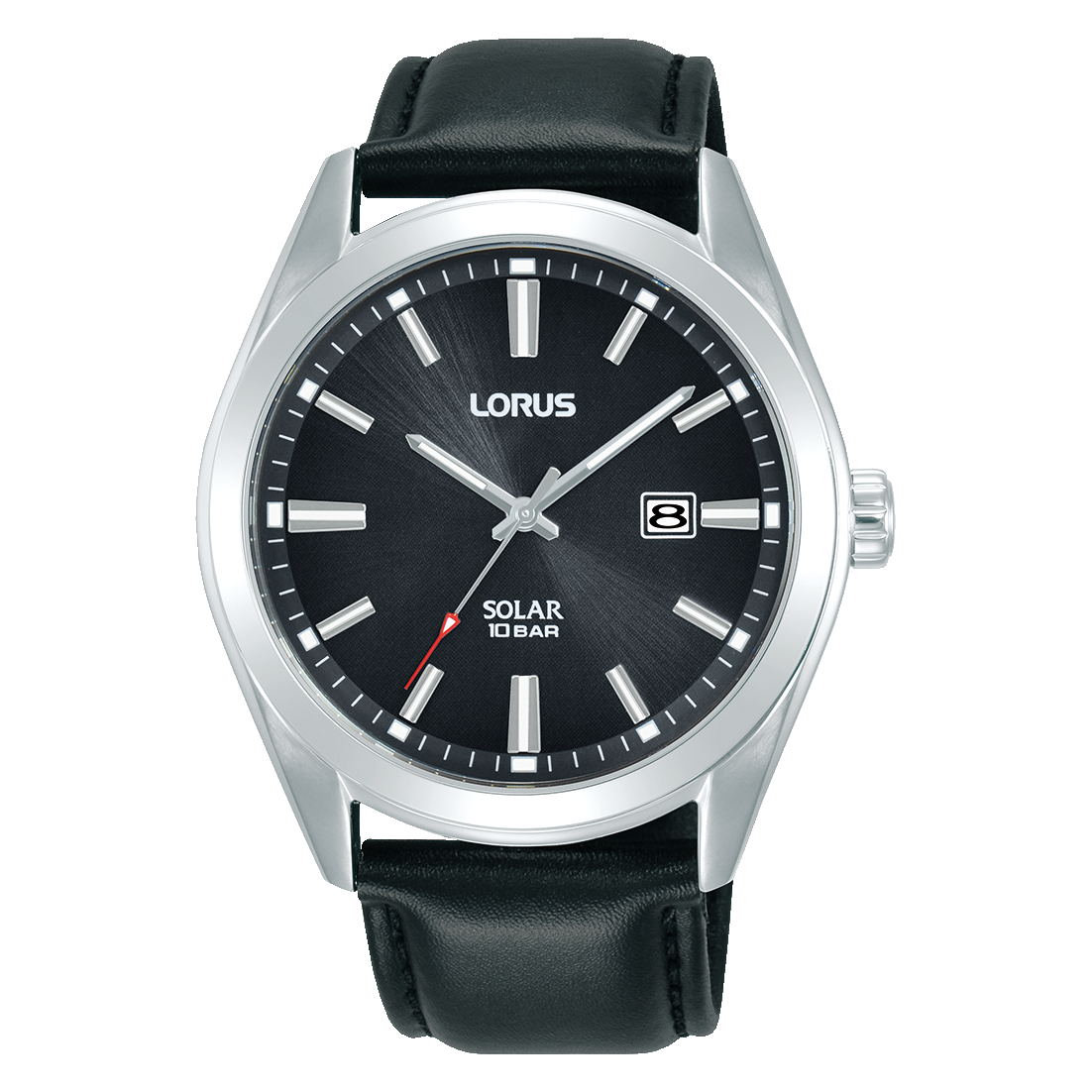 Lorus Sport Herrenarmbanduhr mit schwarzem Lederband, silbernes Gehäuse, Mineralglas