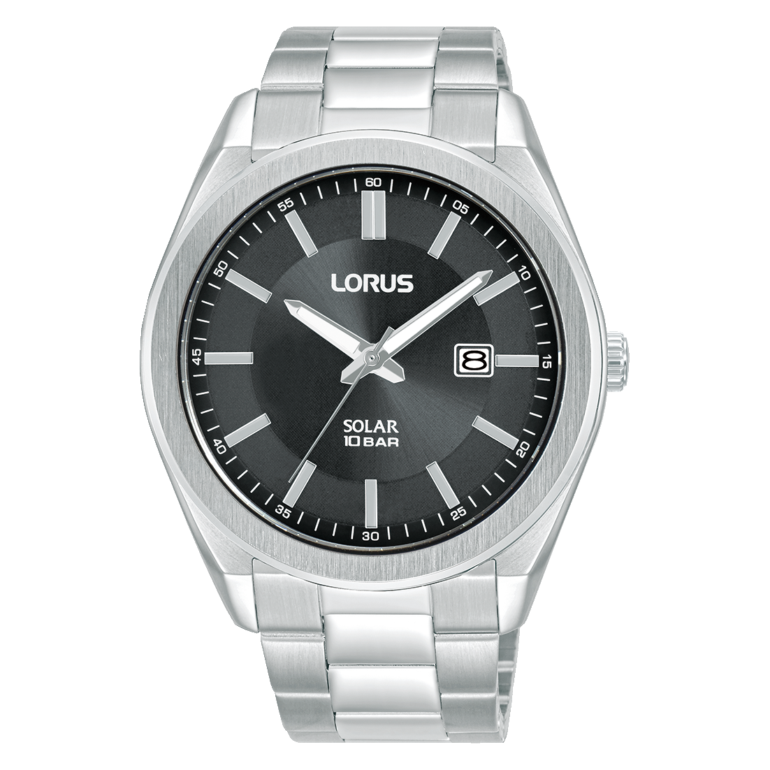 Lorus Herrenarmbanduhr mit Solarwerk, schwarzem Zifferblatt und Metallarmband, Mineralglas
