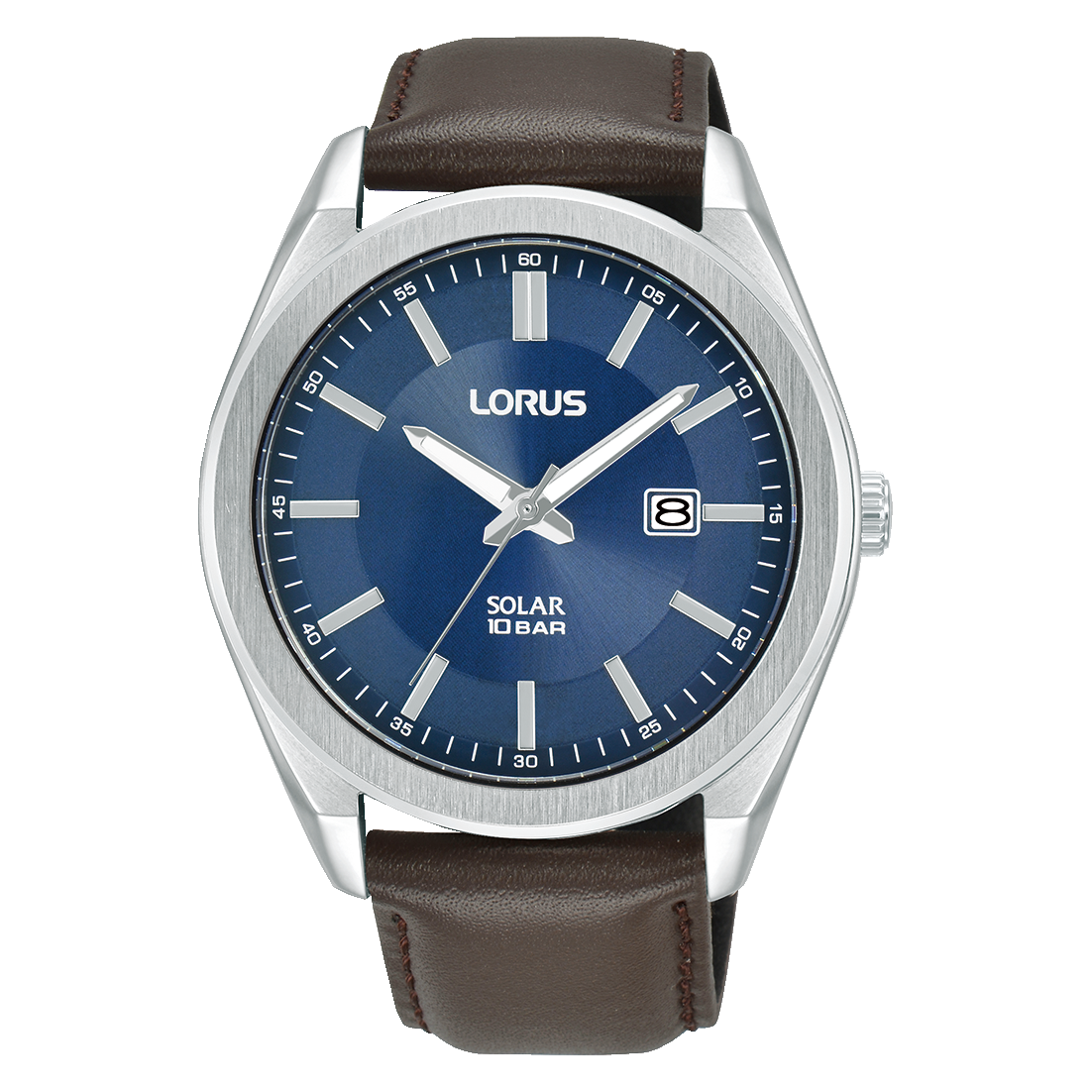 Herrenarmbanduhr mit rundem Edelstahlgehäuse, blauem Zifferblatt und braunem Lederband.