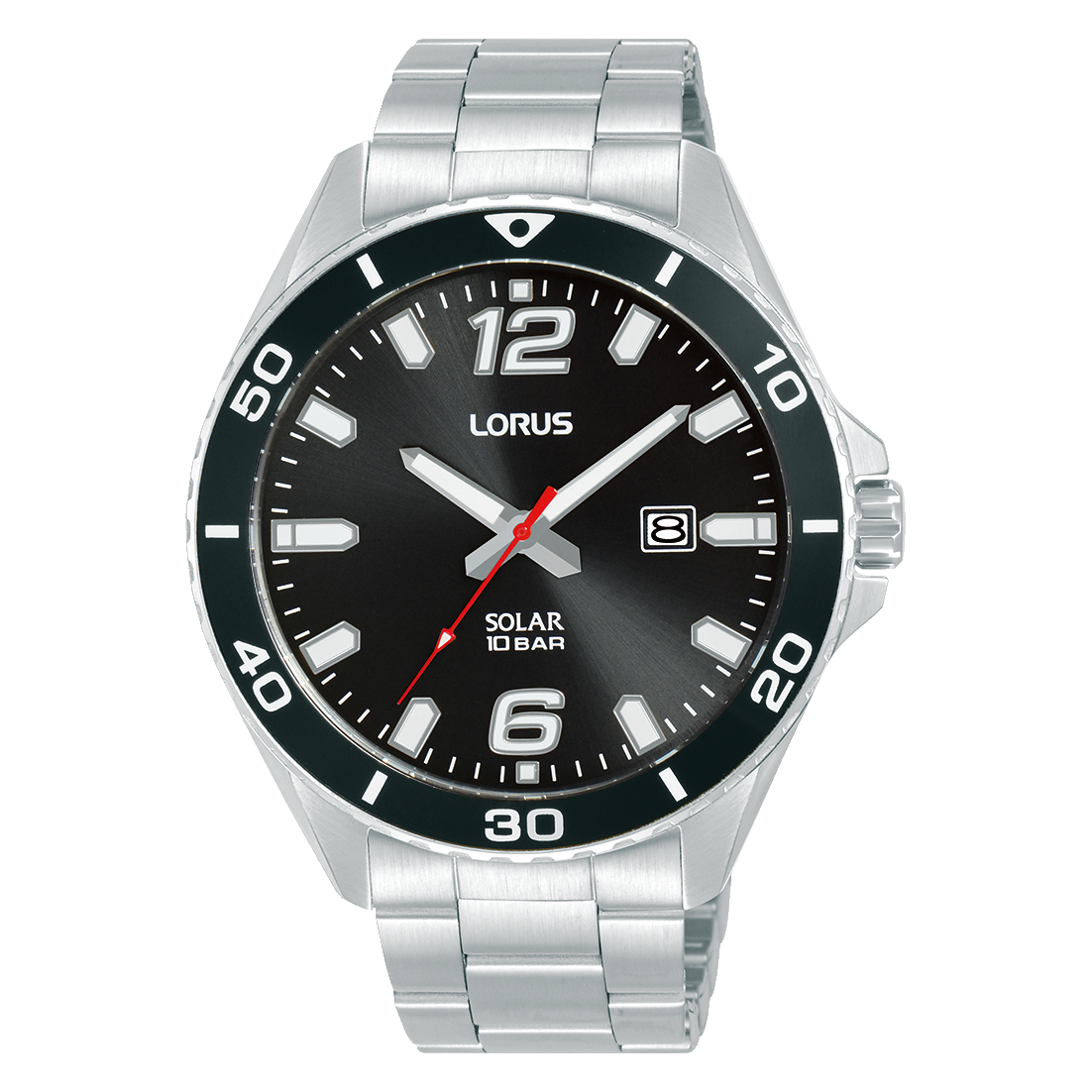 Herrenuhr mit schwarzem Zifferblatt, Solar-10-BAR-Anzeige und silbernem Metallband