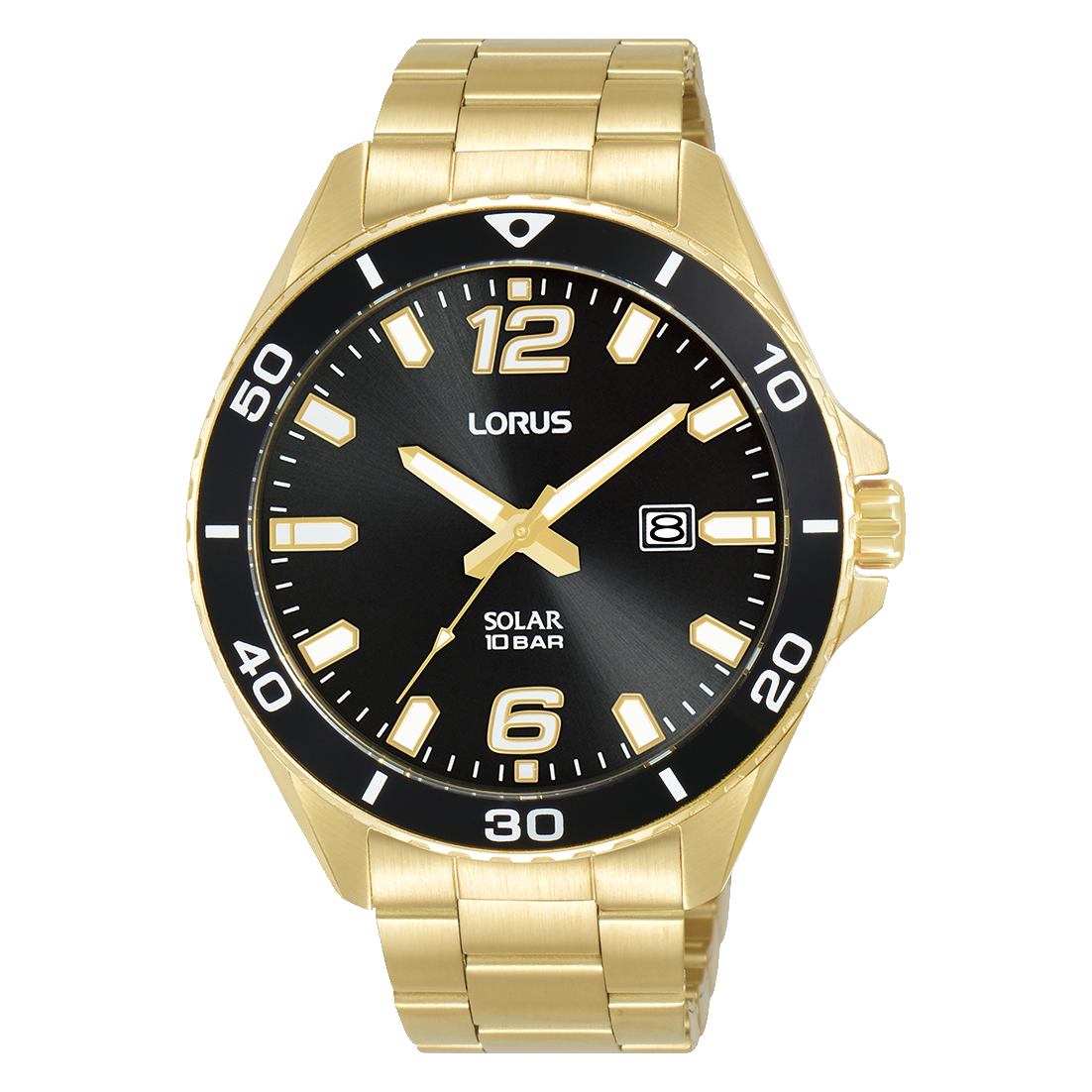Herrenuhr mit schwarzem Zifferblatt und goldfarbenem Metallarmband, Solar-Anzeige
