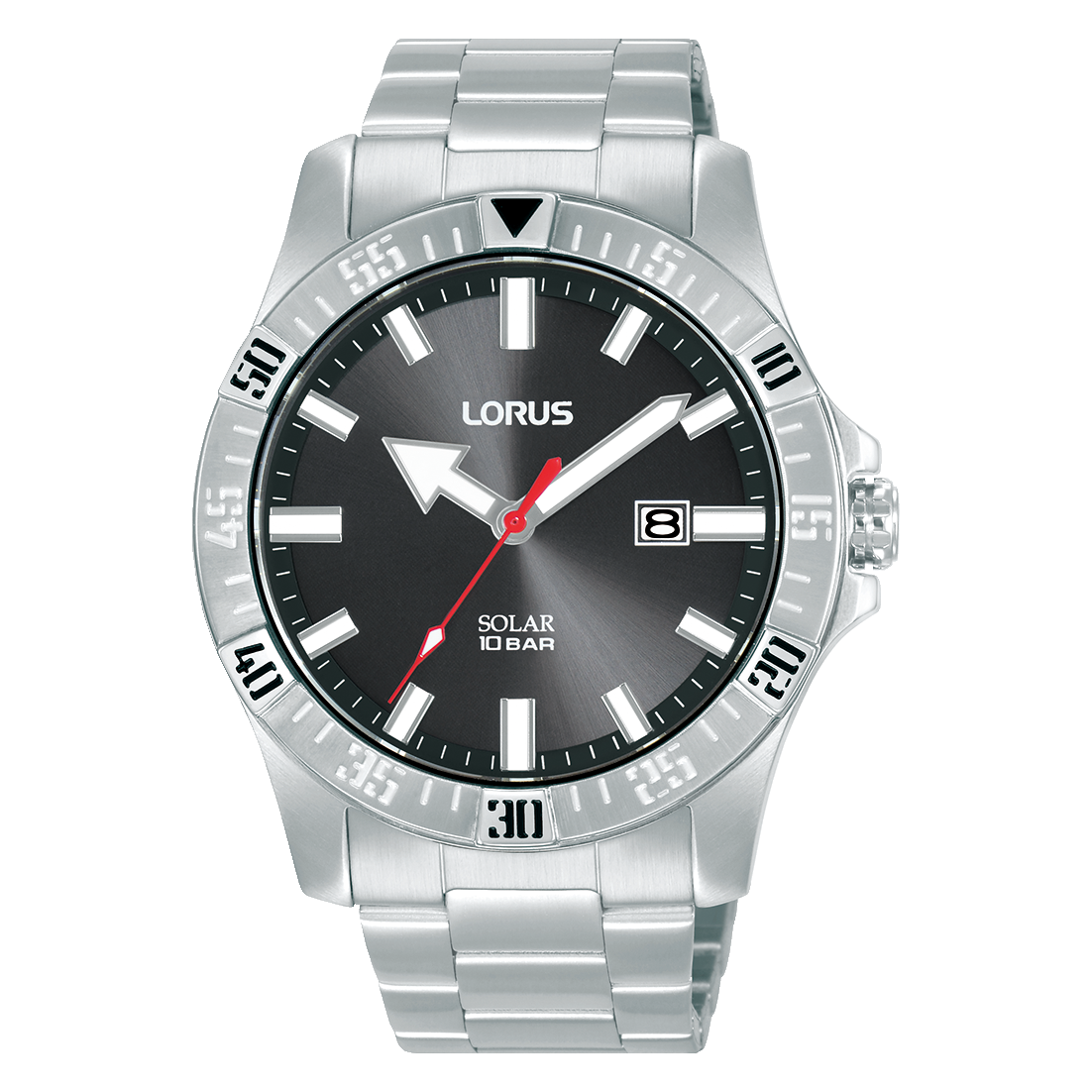Lorus Sport-Herrenuhr mit schwarzem Zifferblatt, silbernem Metallband und Solar-Anzeige
