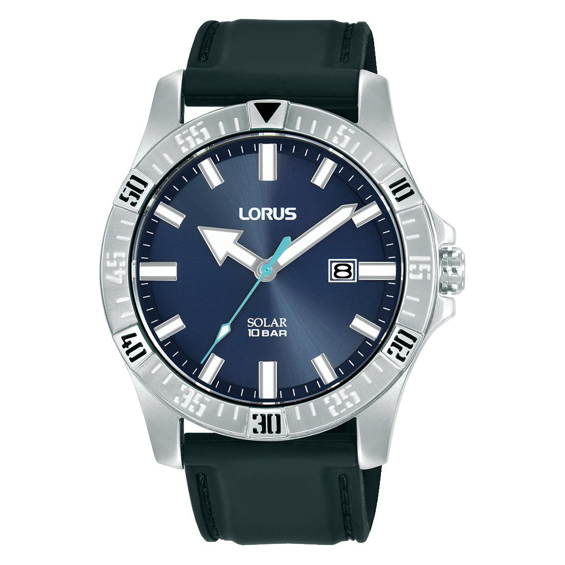 Lorus Sports Herrenuhr mit dunkelblauem Ziffernblatt, silbernem Gehäuse und Kautschukband