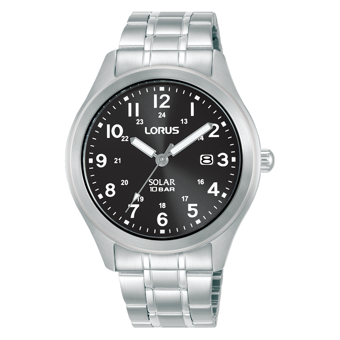 Herren-Armbanduhr Lorus Solarwerk mit schwarzem Zifferblatt und Edelstahlarmband