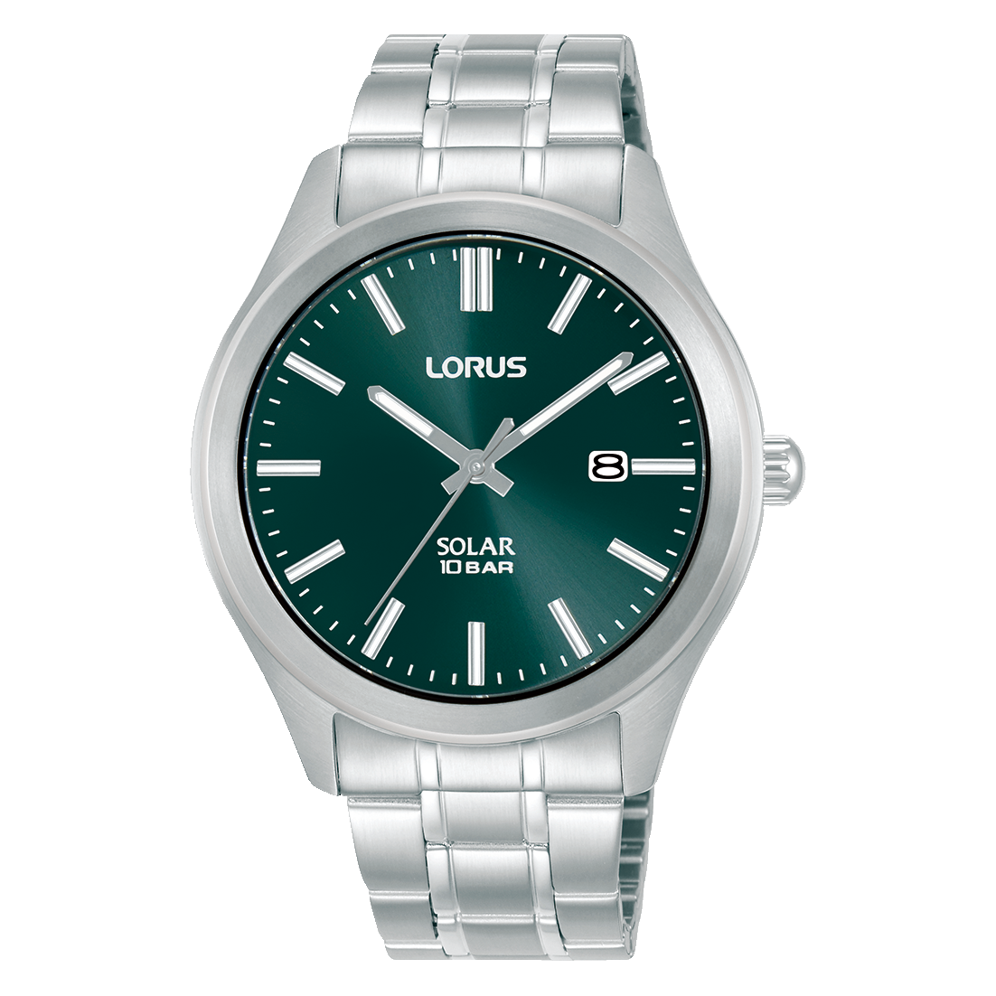 Lorus Herrenuhr mit dunkelgrünem Zifferblatt, Solar-10-bar-Angabe und Metallarmband