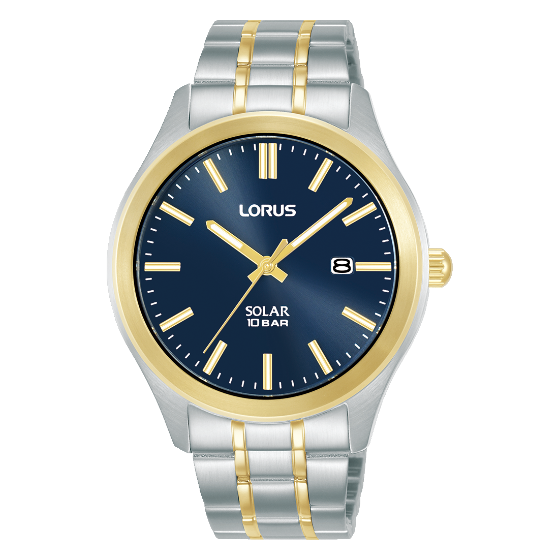 Lorus Herrenarmbanduhr: blaues Zifferblatt, Solar, Gold/Steel, Datumsfenster bei 8