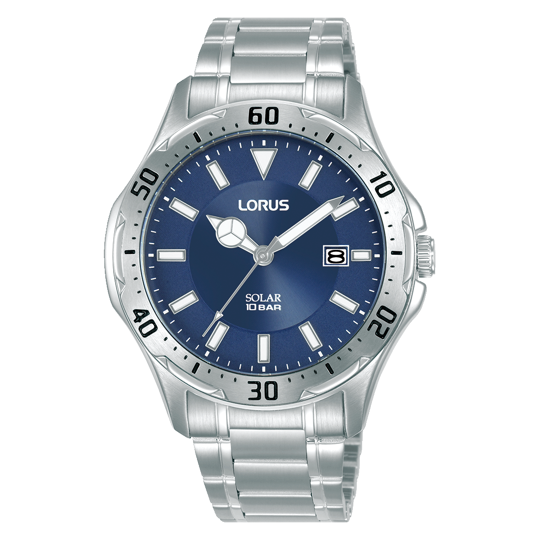 Lorus Herrenuhr: blaues Zifferblatt, Solar, Edelstahlarmband, Mineralglas.