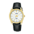 Lorus Damenuhr mit schwarzem Lederarmband, goldfarbenem Gehäuse und weißem Zifferblatt