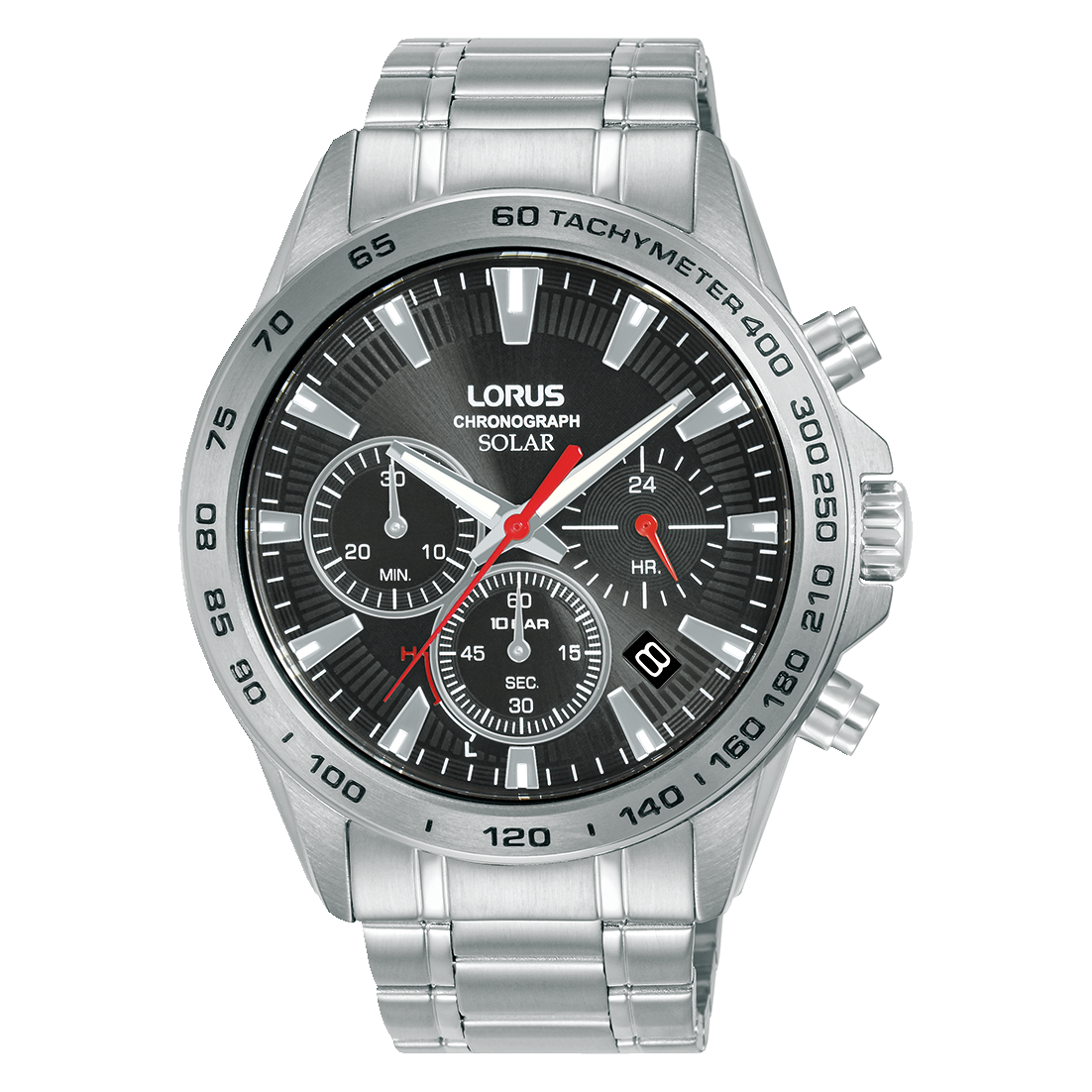 Lorus Herrenuhr mit Solar-Chronograph, schwarzem Zifferblatt und Tachymeter-Lünette, Edelstahlband