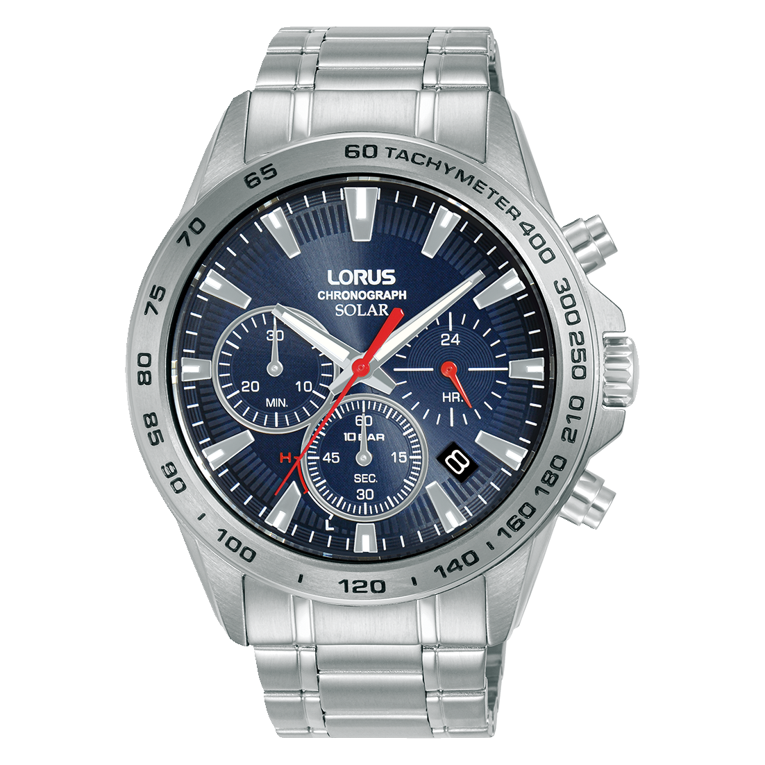 Herrenuhr-Chronograph: blaues Zifferblatt, Solar, Edelstahlband, Mineralglas