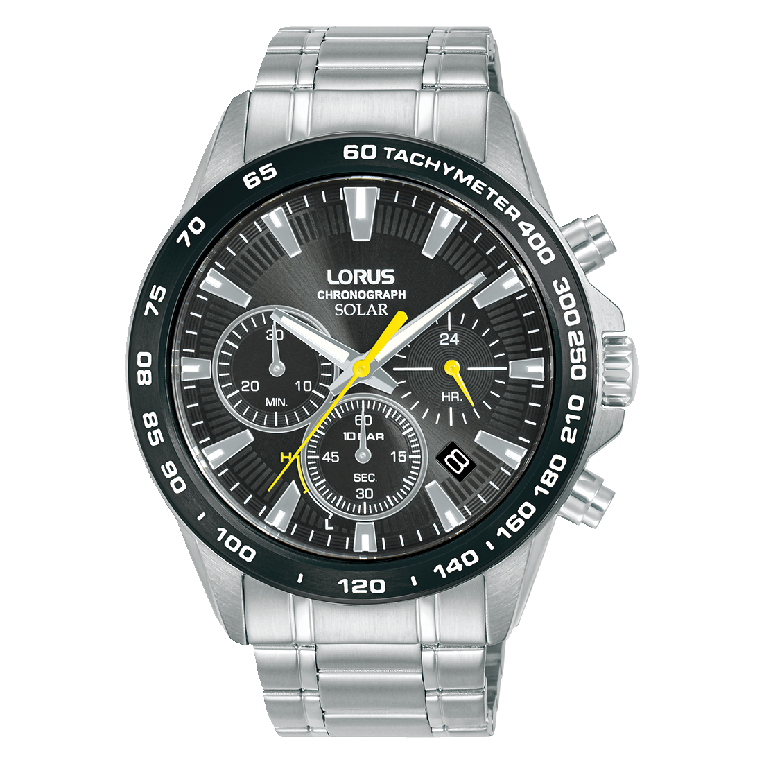 Lorus Herrenarmbanduhr mit Edelstahlband, schwarzem Zifferblatt und Solar-Chronograph
