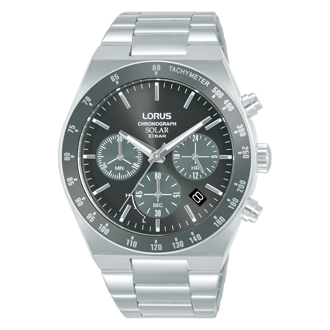 Herren-Solarchronograph-Uhr mit dunklem Zifferblatt, Metallarmband und Mineralglas