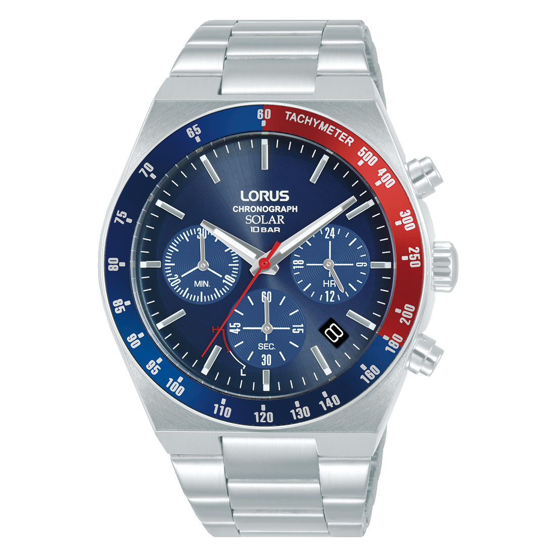 Herren-Armbanduhr mit Edelstahlband, blauem Zifferblatt und Chronograph/Tachymeter