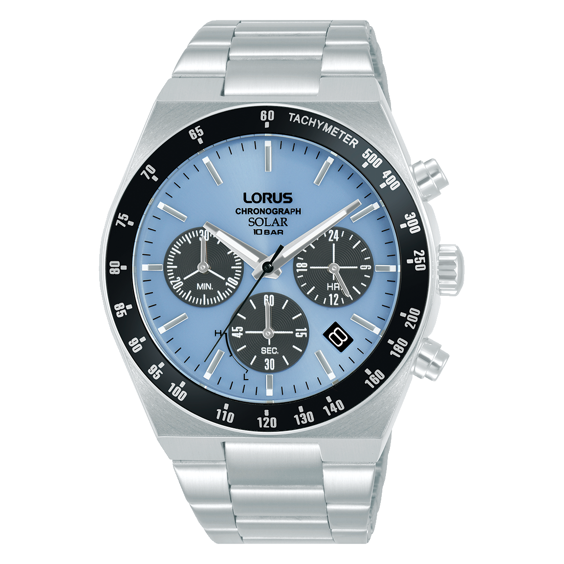 Herren-Armbanduhr mit silberfarbenem Edelstahlband, blauem Zifferblatt und Chronographen-Anzeige